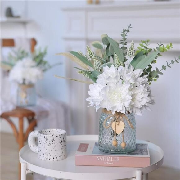 Faux White Silk Flowers with Vase Farmhouse Decor for Table Kitchen Shelf - Picture 6 of 7
